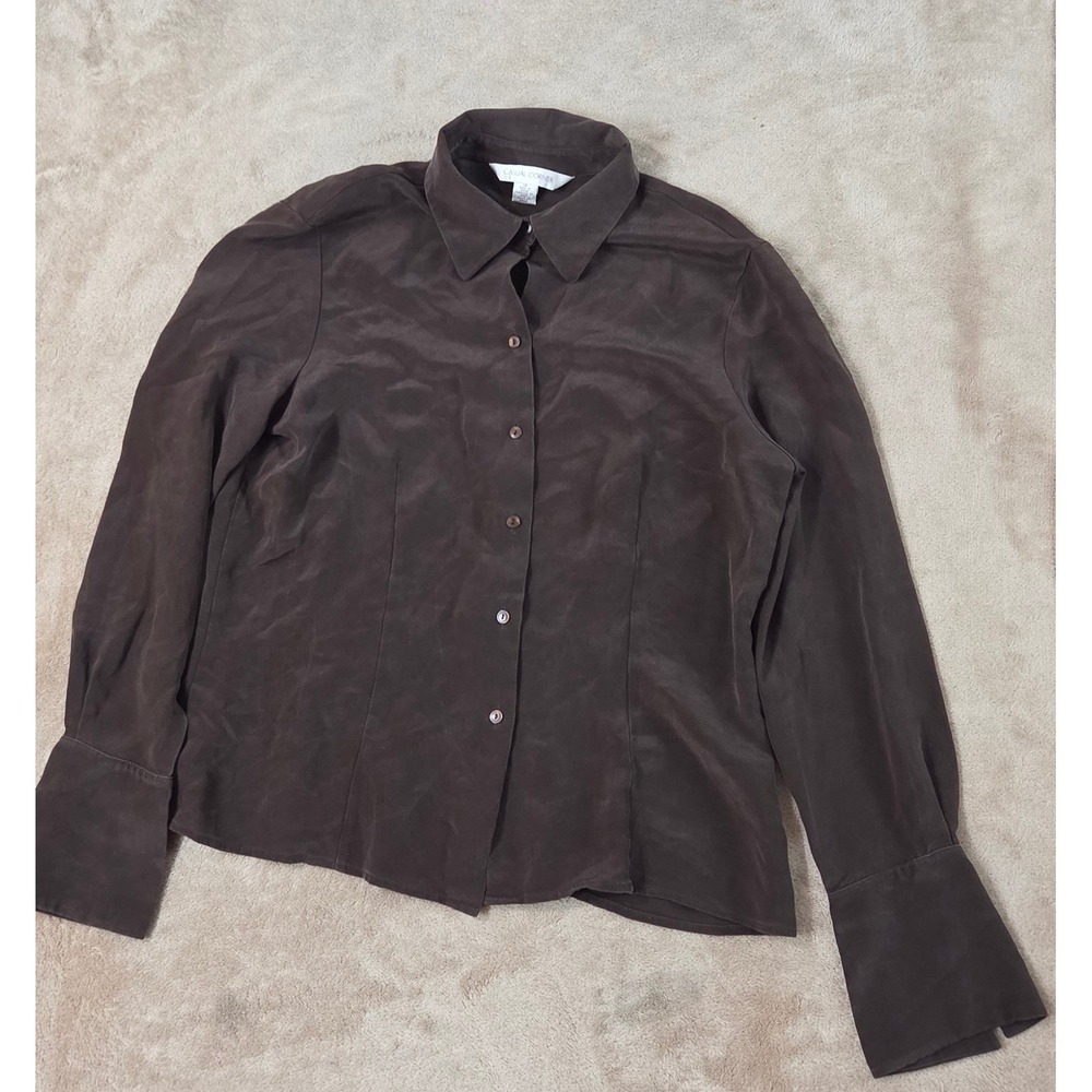 Casual Corner Brown 100% Silk Velvet Velour Blouse Button Up Shirt Womens 14